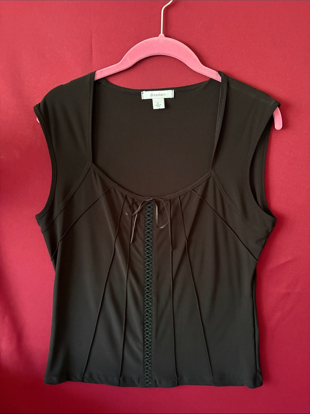 dressbarn Black Sleeveless Scoop-Neck Top with Front Lace Detail